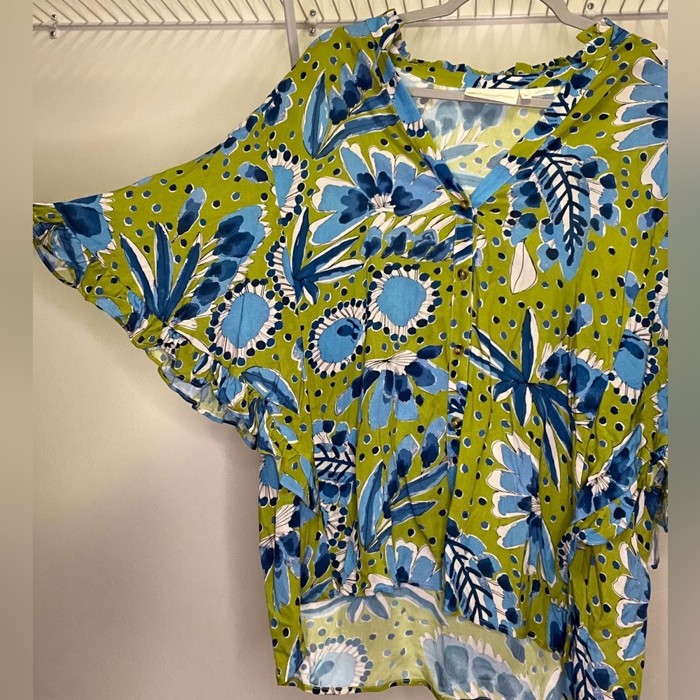 Floral V-Neck Blouse - Green and Blue